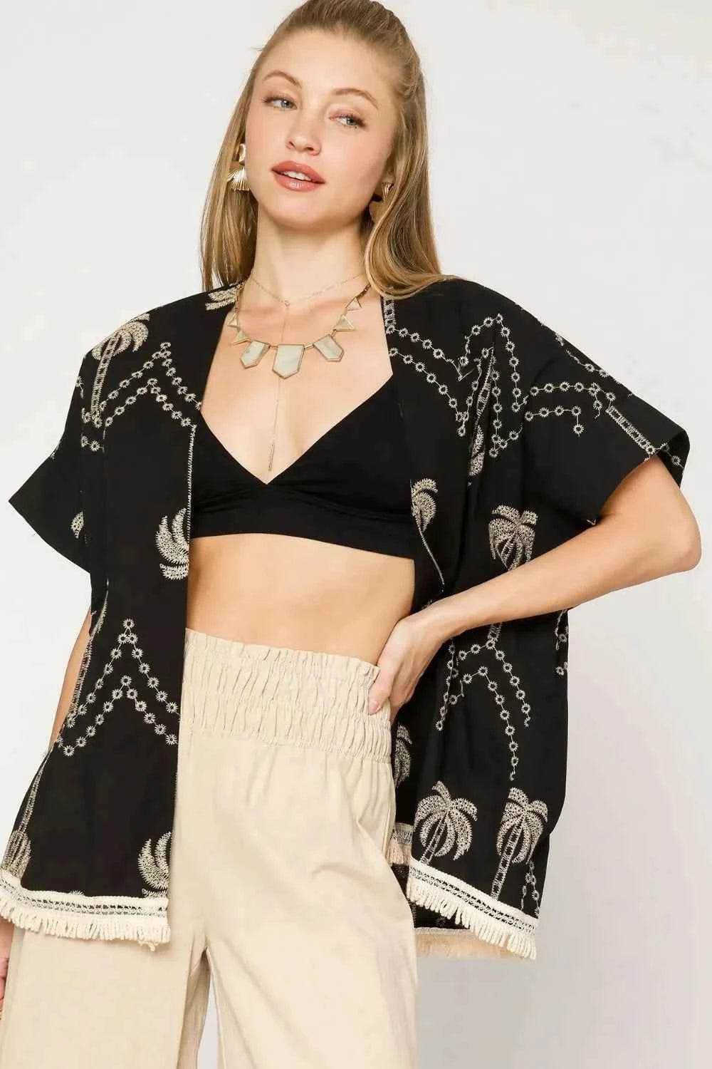 Umgee Open Front Embroidered Fringe Kimono.