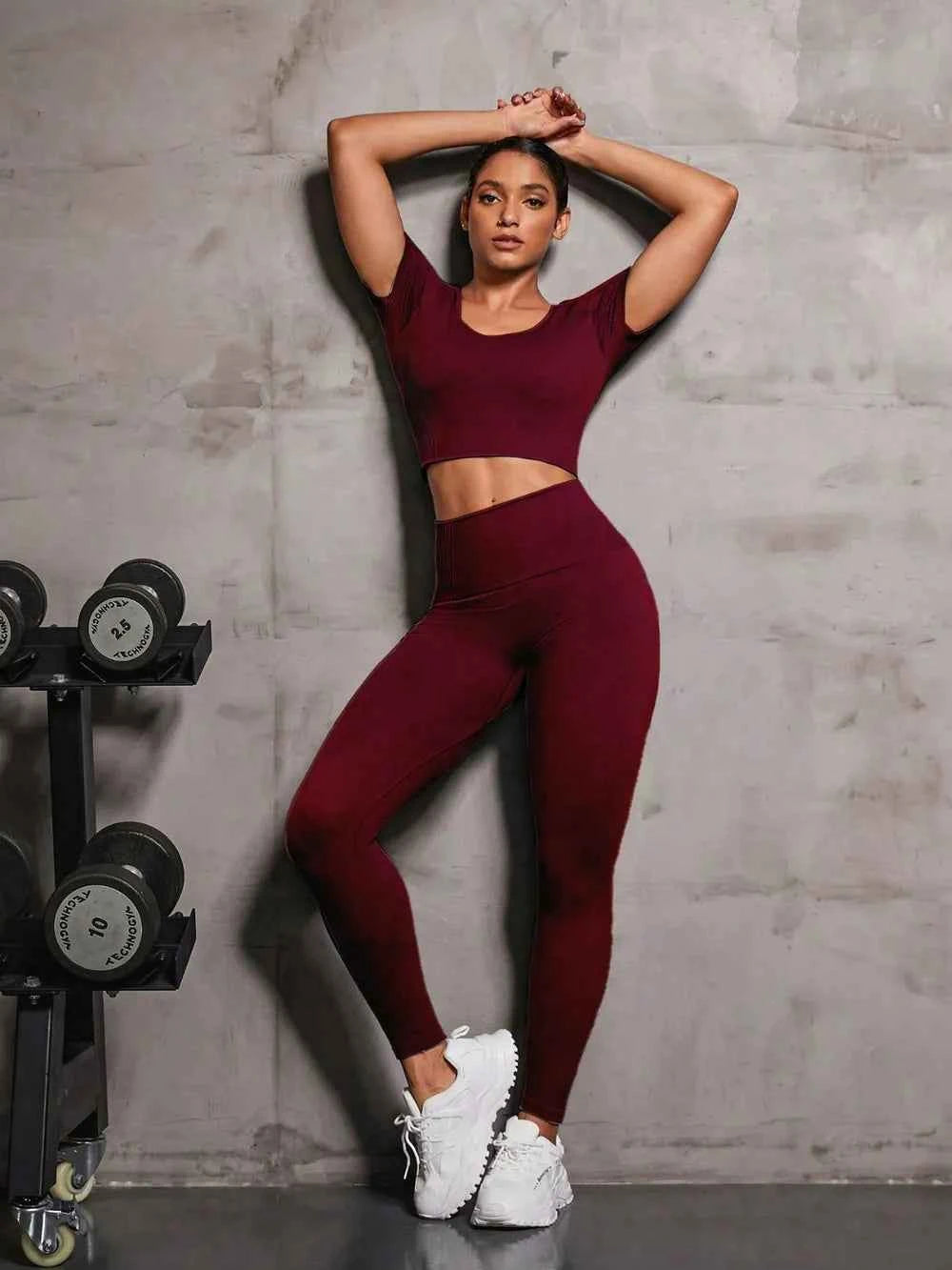 Round Neck Short Sleeve Top and Leggings Active Set.