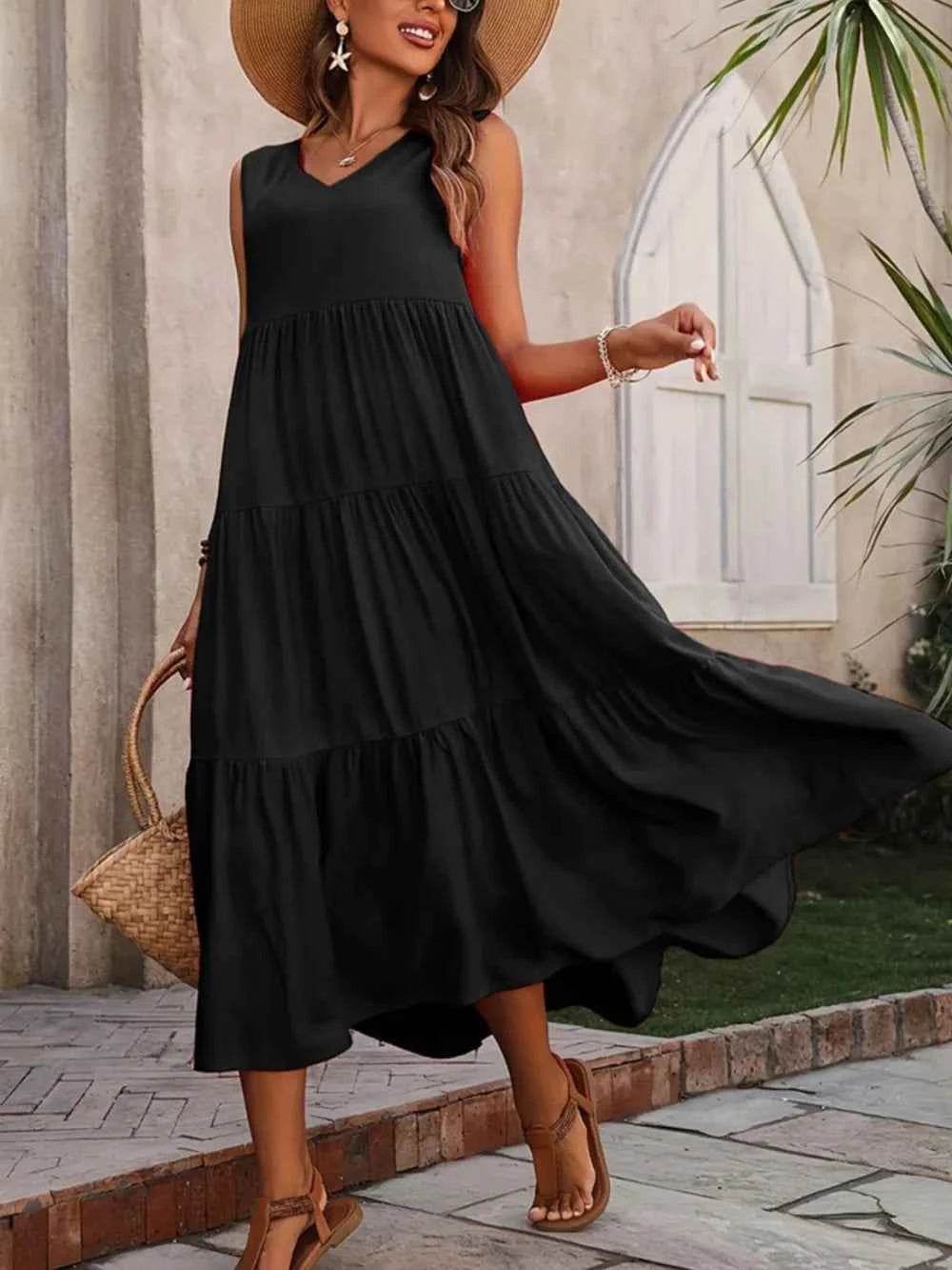 Tiered V-Neck Sleeveless Cotton Dress.