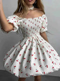 Puff Sleeve Cherry Print Smocked Mini Dress.
