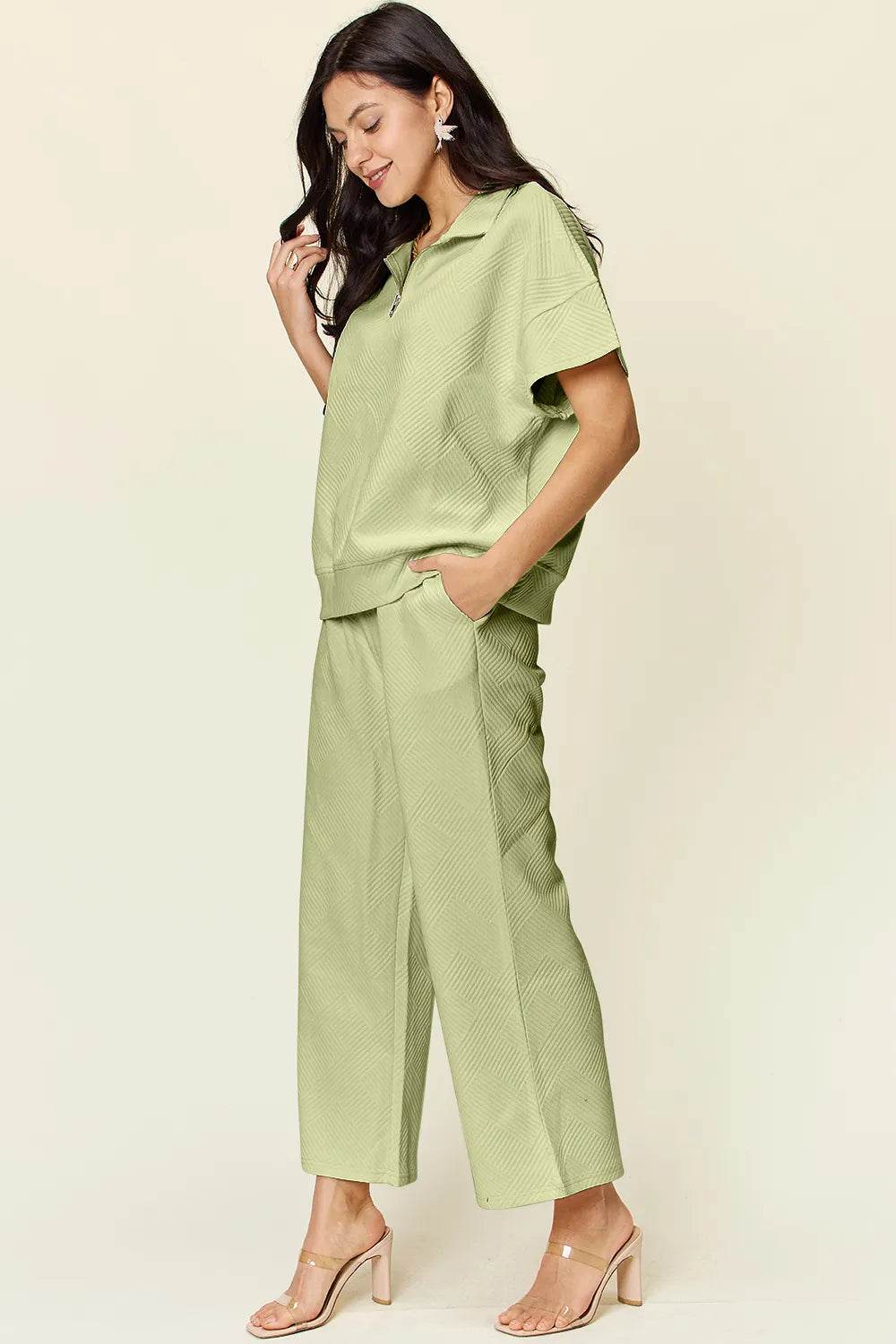 Double Take Texture Half Zip Set with Full Size Top and Pants - EBYNN