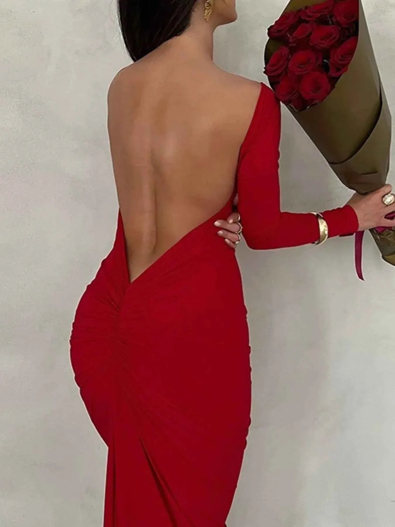 Backless Ruched Long Sleeve Maxi Dress.