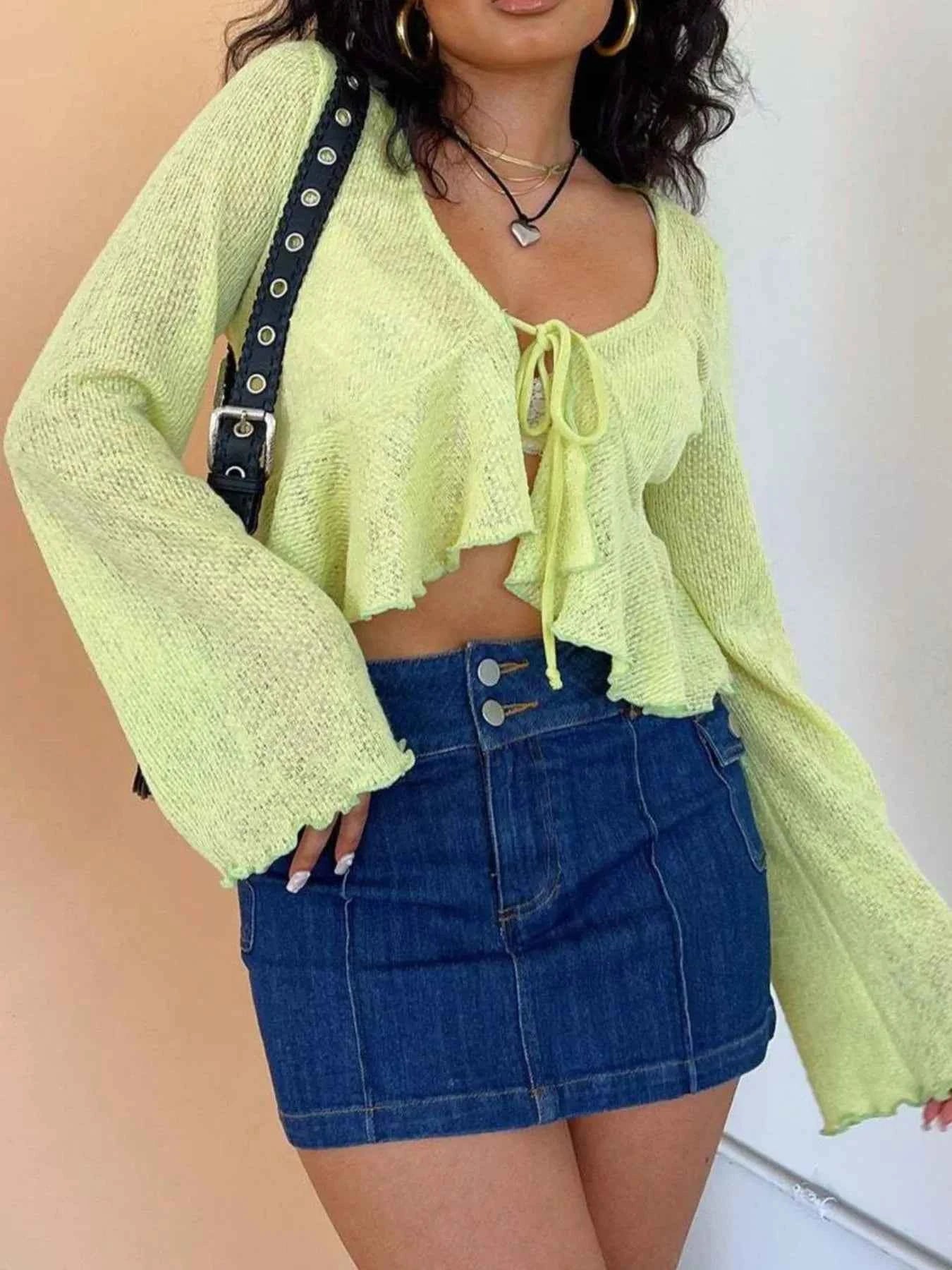 Ruffled Hem Tie-Front Cropped Cardigan.