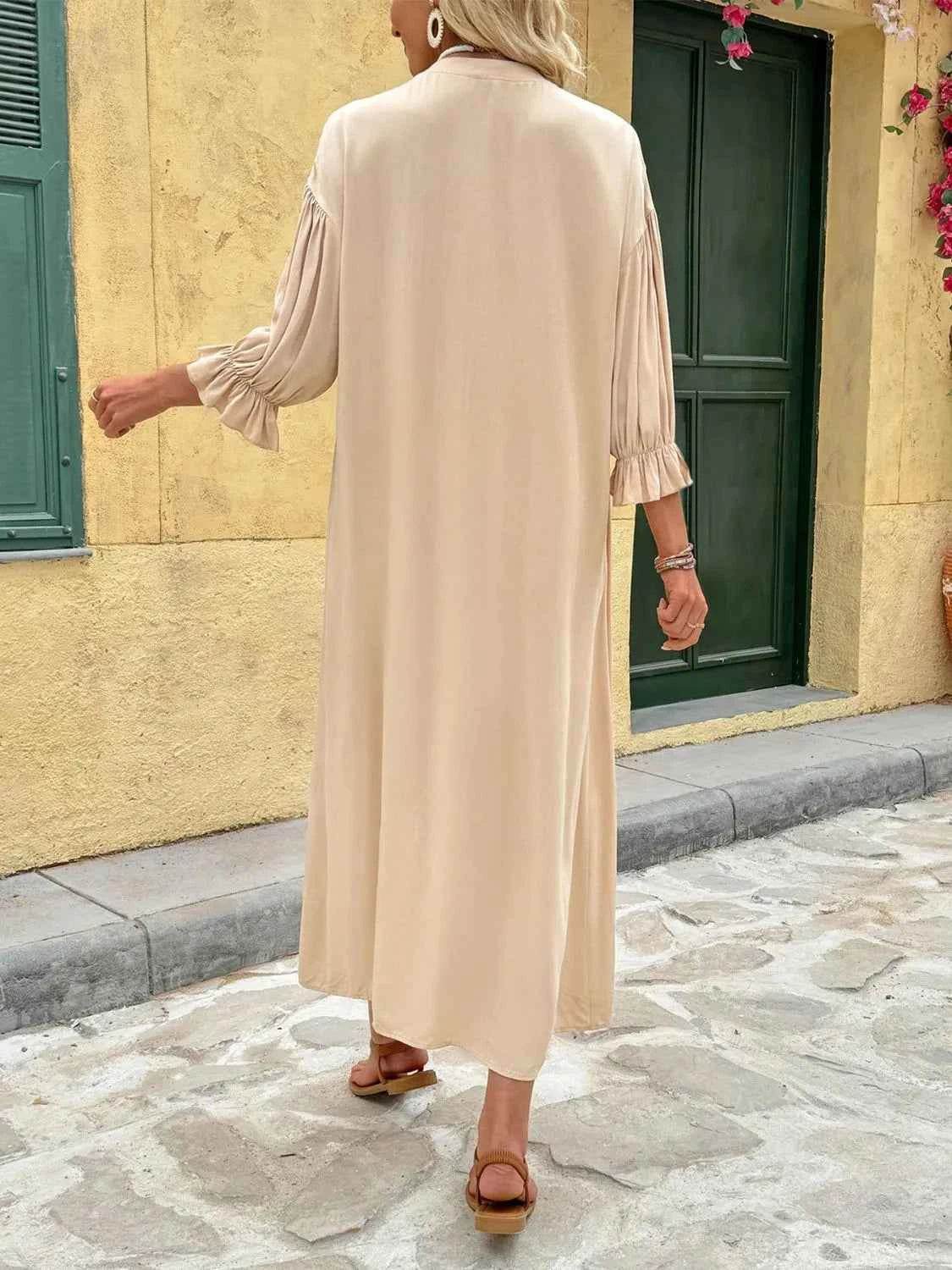 Button Front Flounce Sleeve Dress.