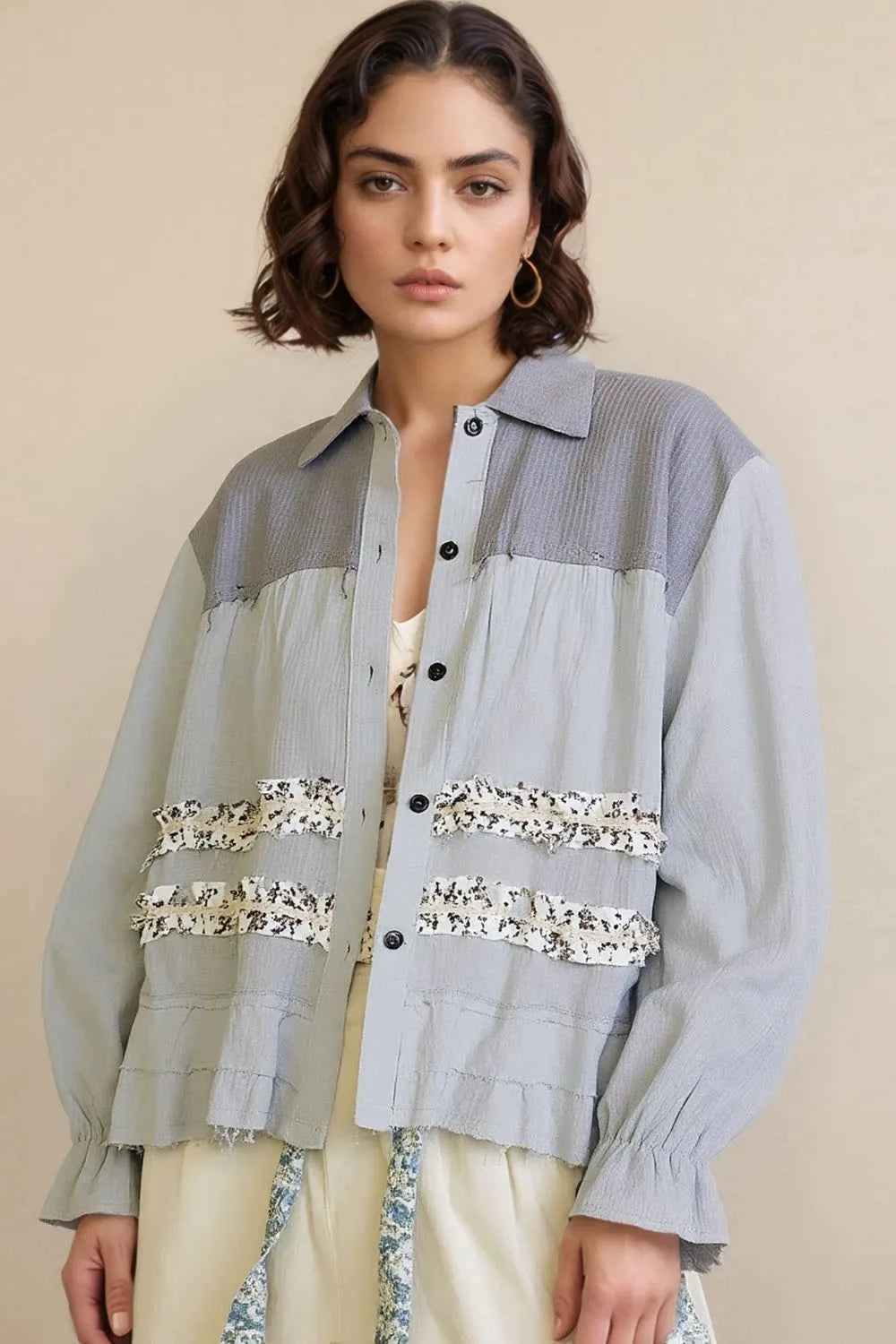 Floral Trim Ruffle Washed Shacket.