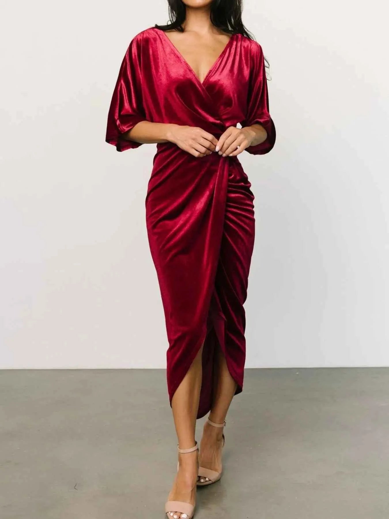 Ruched Surplice Half Sleeve Dress.