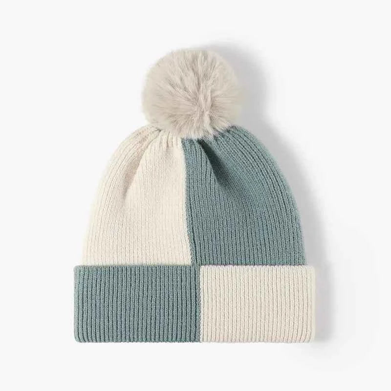 Color Block Knit Hat with Pom-pom.