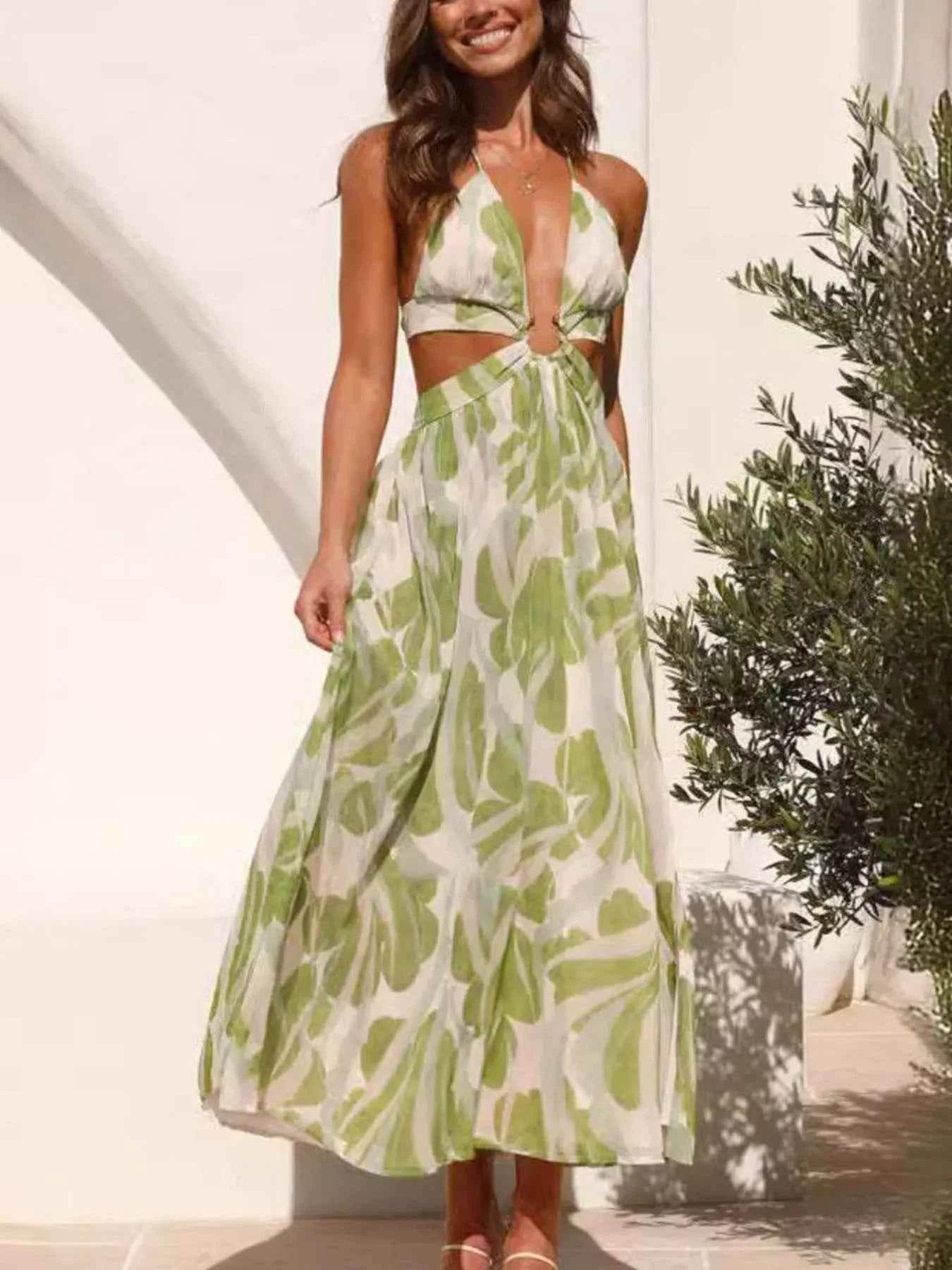 Tropical Print Backless Maxi Sleeveless Dress.