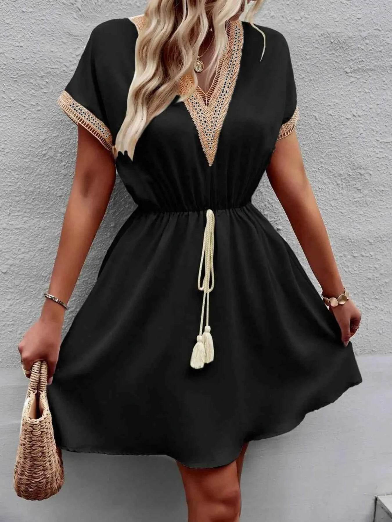V-Neck Short Sleeve Mini Dress.