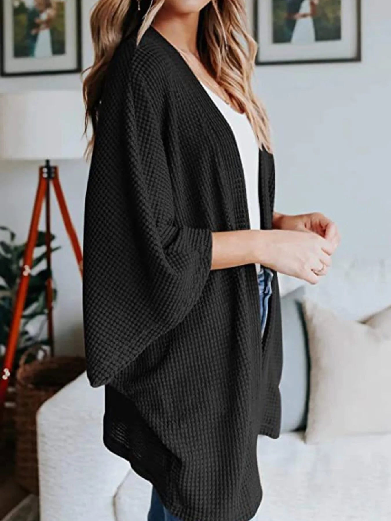Plus Size Open Front Waffle Knit Cardigan.
