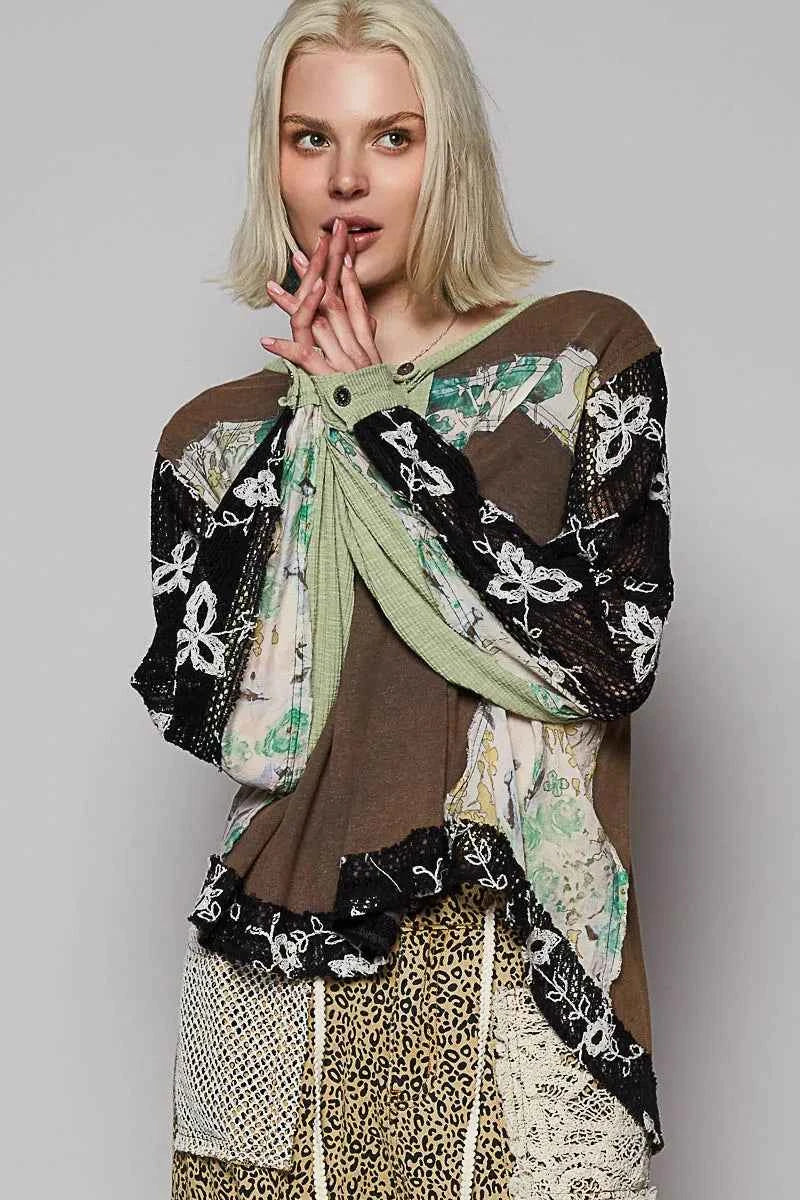 Floral Patchwork Crochet Sleeve Oversized Blouse.