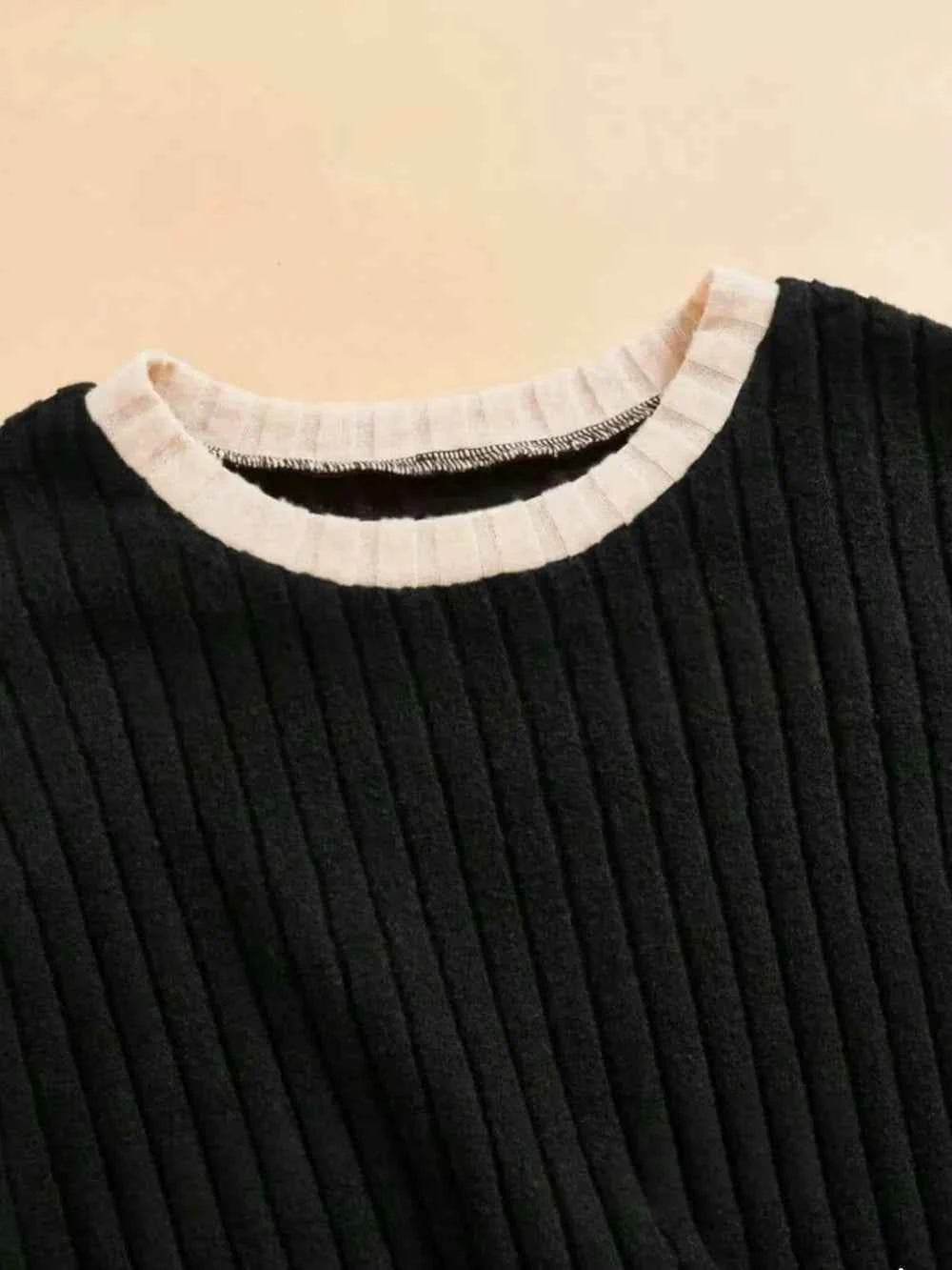 Contrast Round Neck Long Sleeve Top & Bootcut Pants Set.