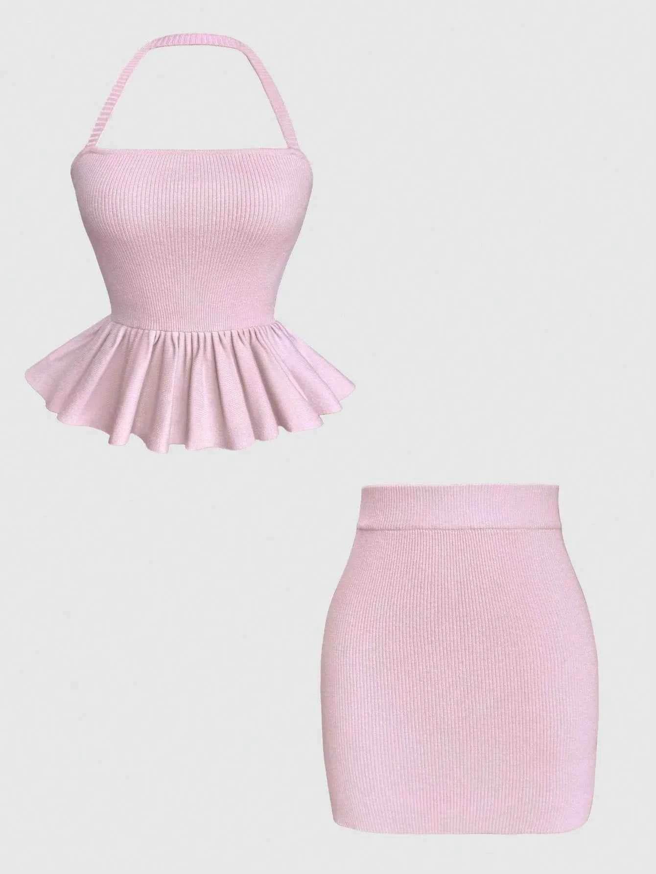 Ribbed Halter Neck Peplum Mini Dress - EBYNN