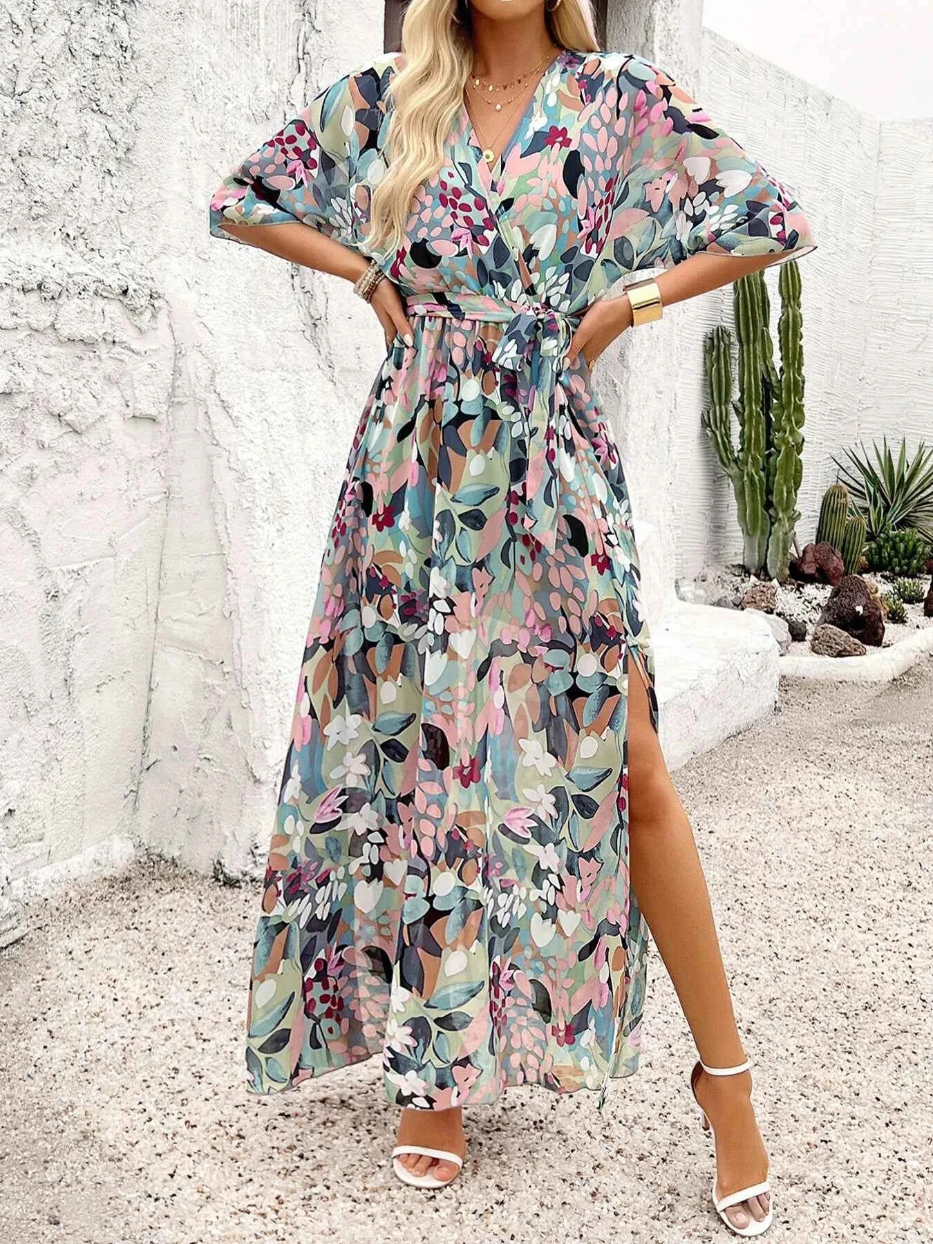 Slit Printed Surplice Maxi Dress with Half Sleeves.