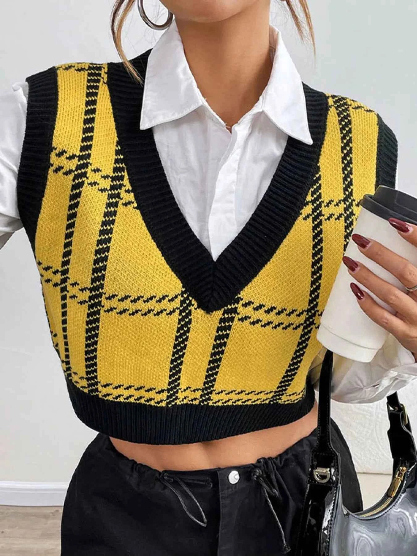 Plaid V-Neck Cropped Sweater Vest.