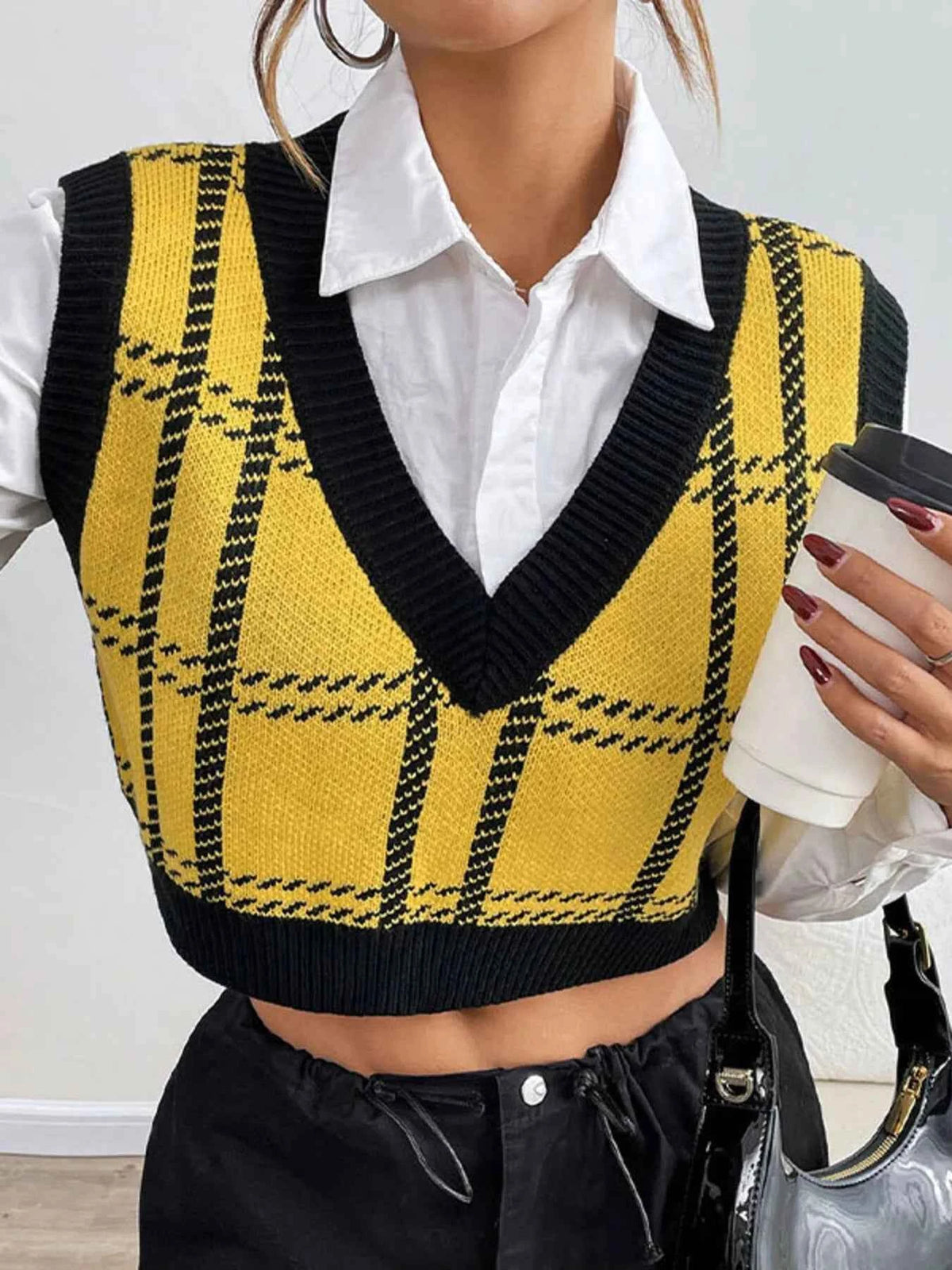 Plaid V-Neck Cropped Sweater Vest.