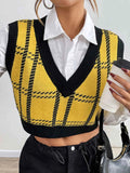 Plaid V-Neck Cropped Sweater Vest.