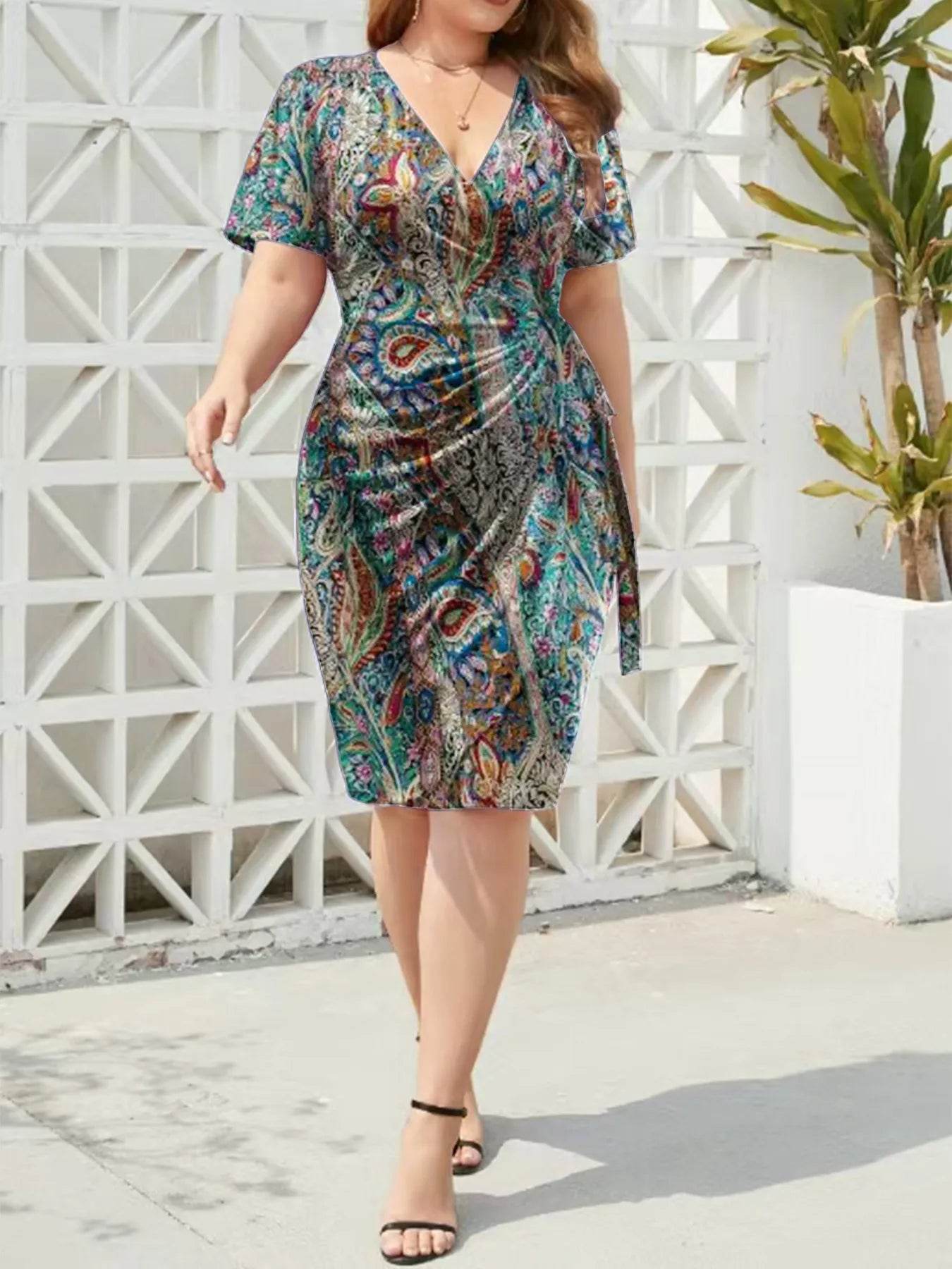 Elegant Surplice Short Sleeve Dress.