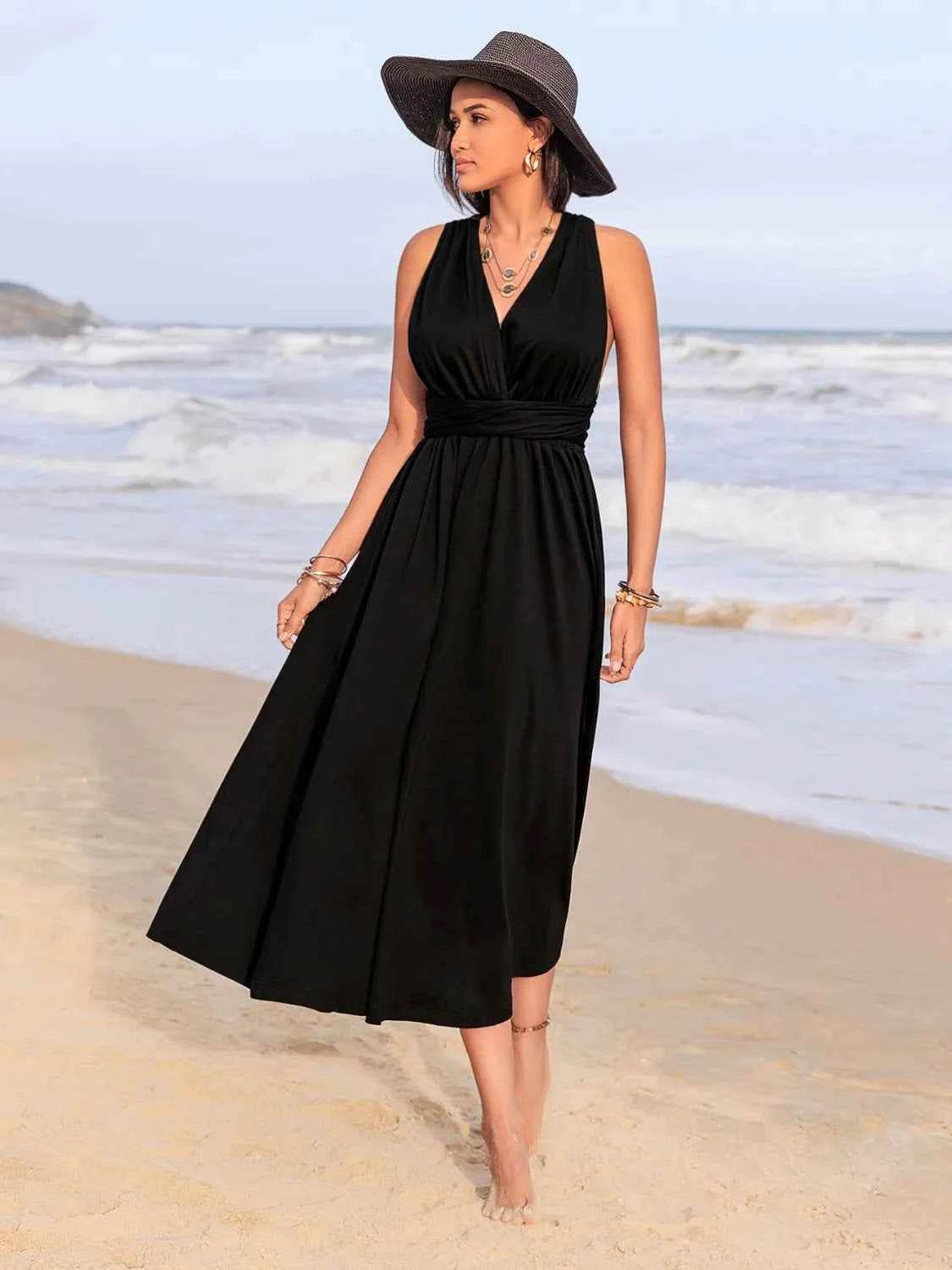 Ruched Surplice Sleeveless Midi Dress.