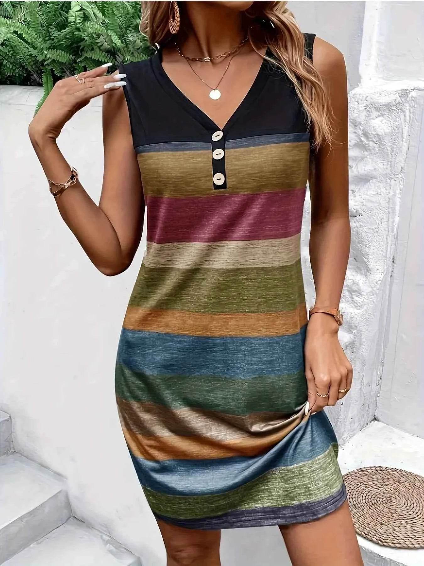 Color Block Sleeveless V-Neck Tank Dress.