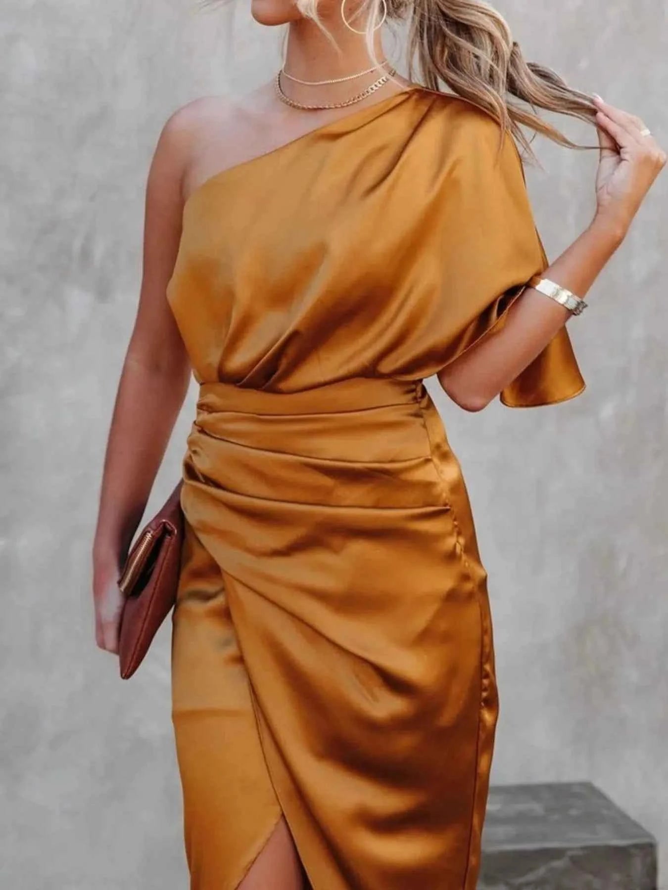 One-Shoulder Satin Wrap Dress with Side Slit.
