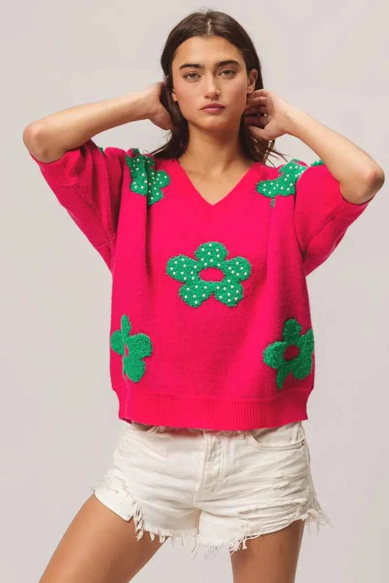 BiBi Pearl Beads Flowers Sweater Top.