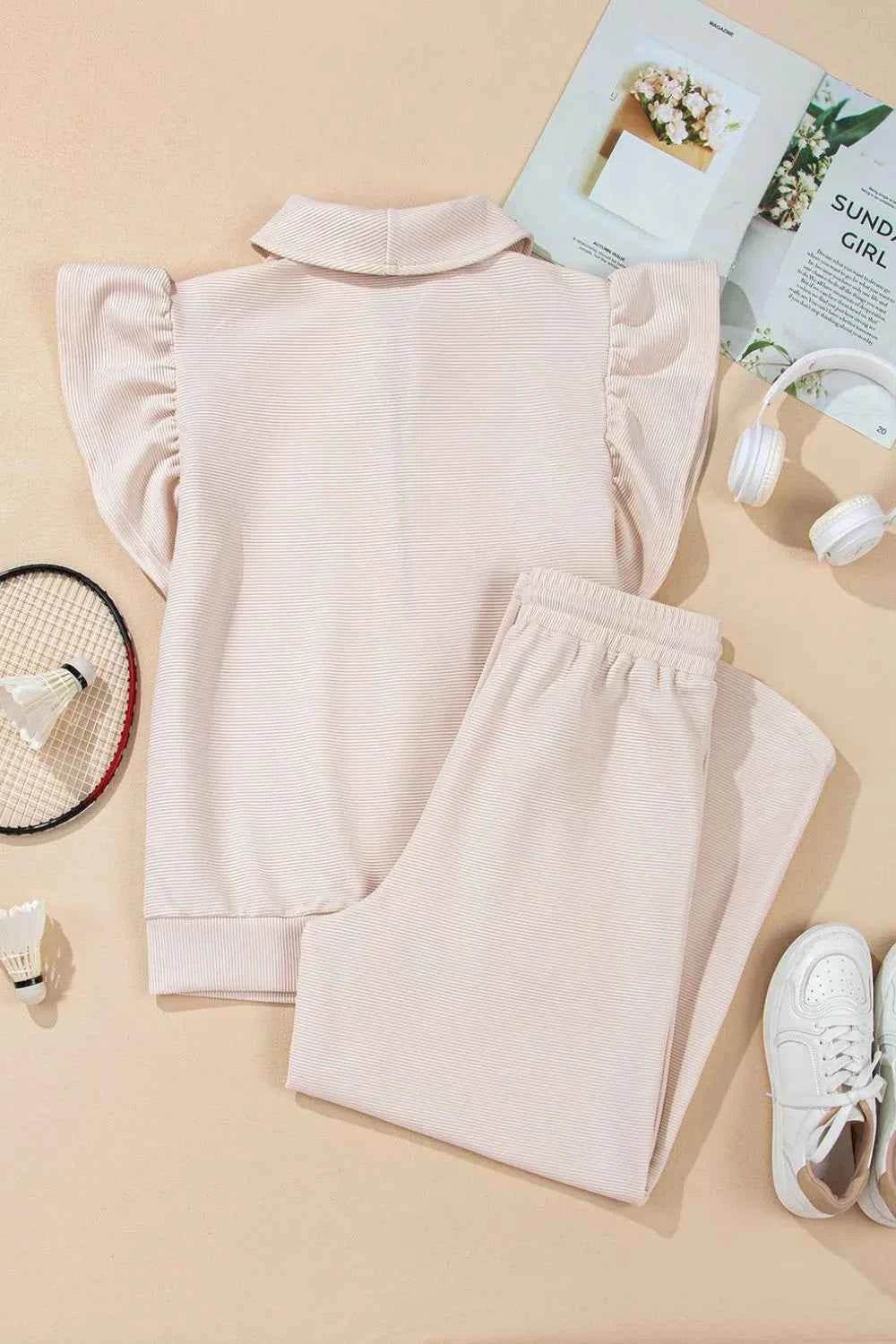 Textured Ruffled Sleeve Zipped Top & Wide Leg Pants Set - EBYNN