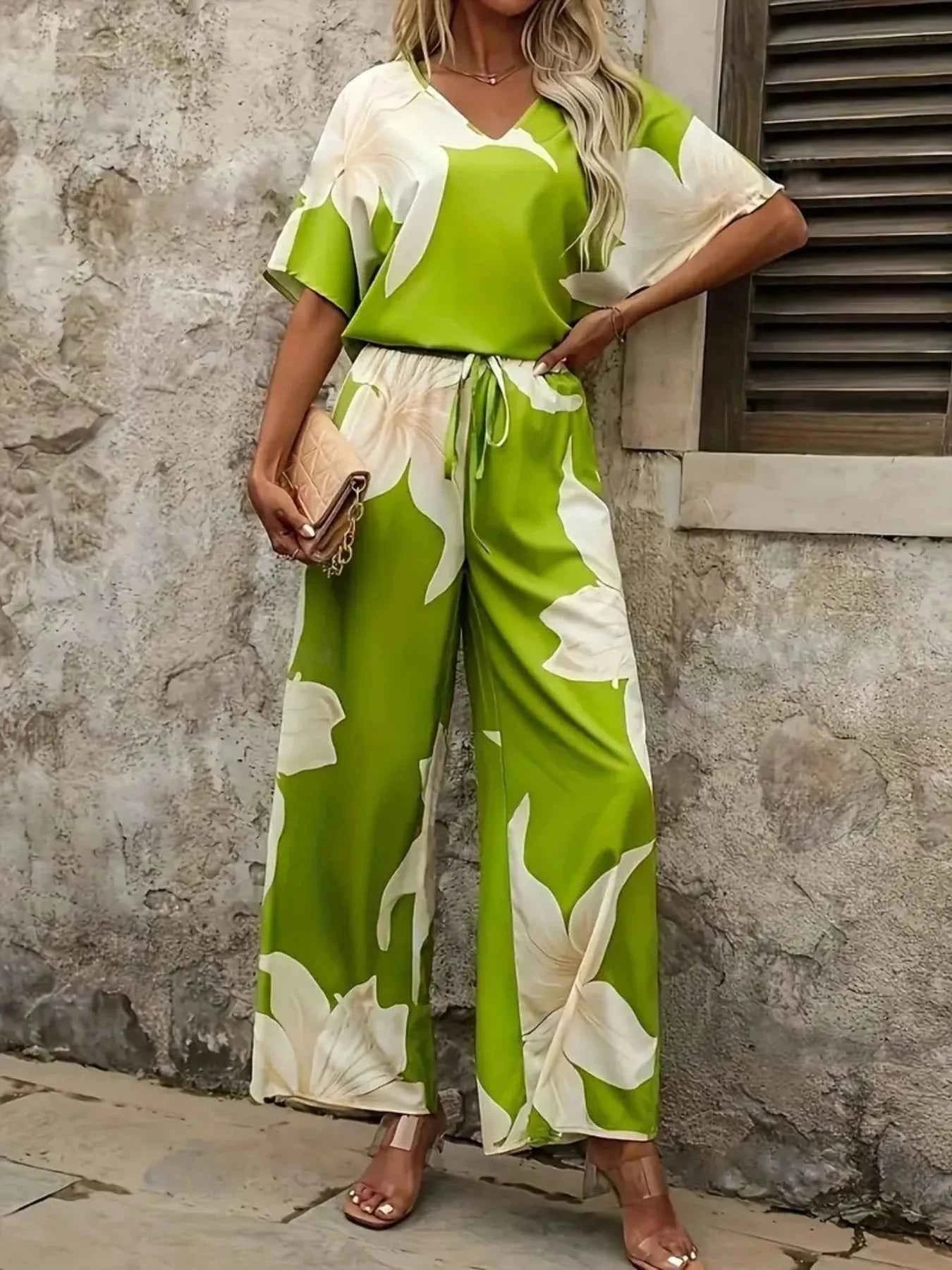 Printed V-Neck Top and Pants Set.