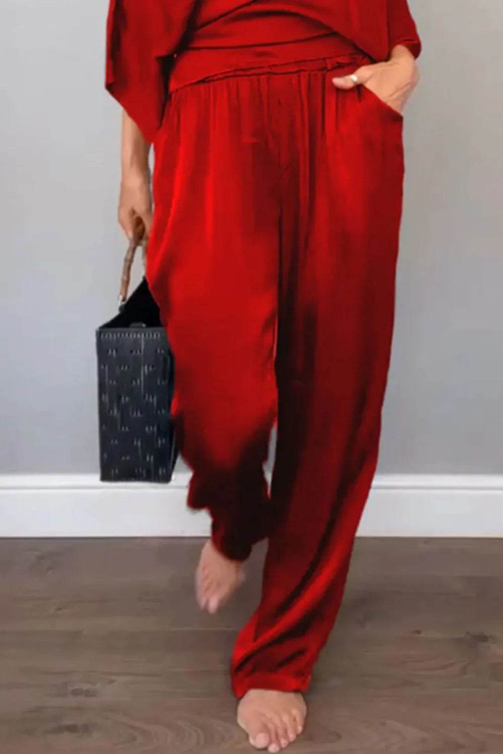 Plus Size Wrap Set - Stylish Surplice Top and Pants for Effortless Elegance - EBYNN