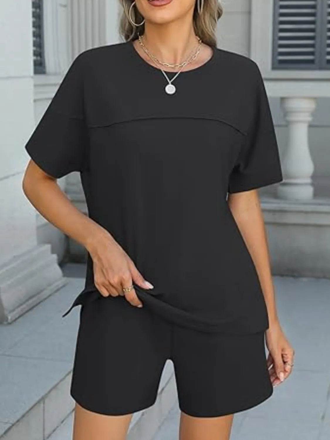 Sleek Round Neck Short Sleeve Top & Shorts Set - EBYNN
