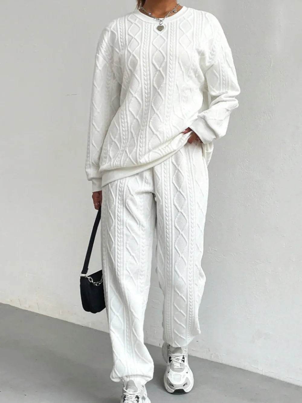 Texture Round Neck Top and Pants Set.