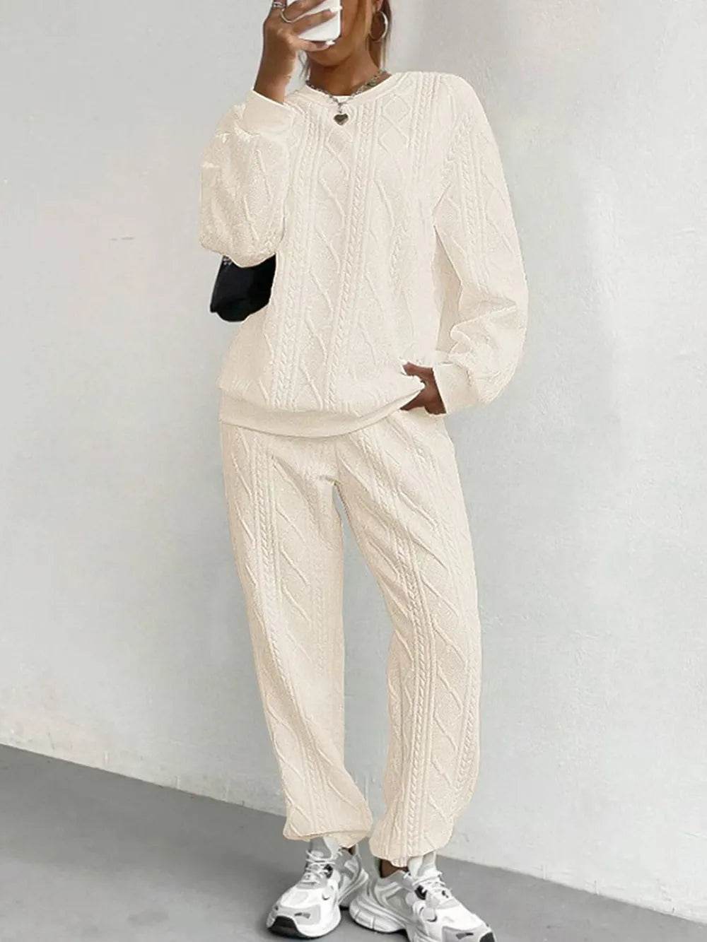 Texture Round Neck Top and Pants Set.