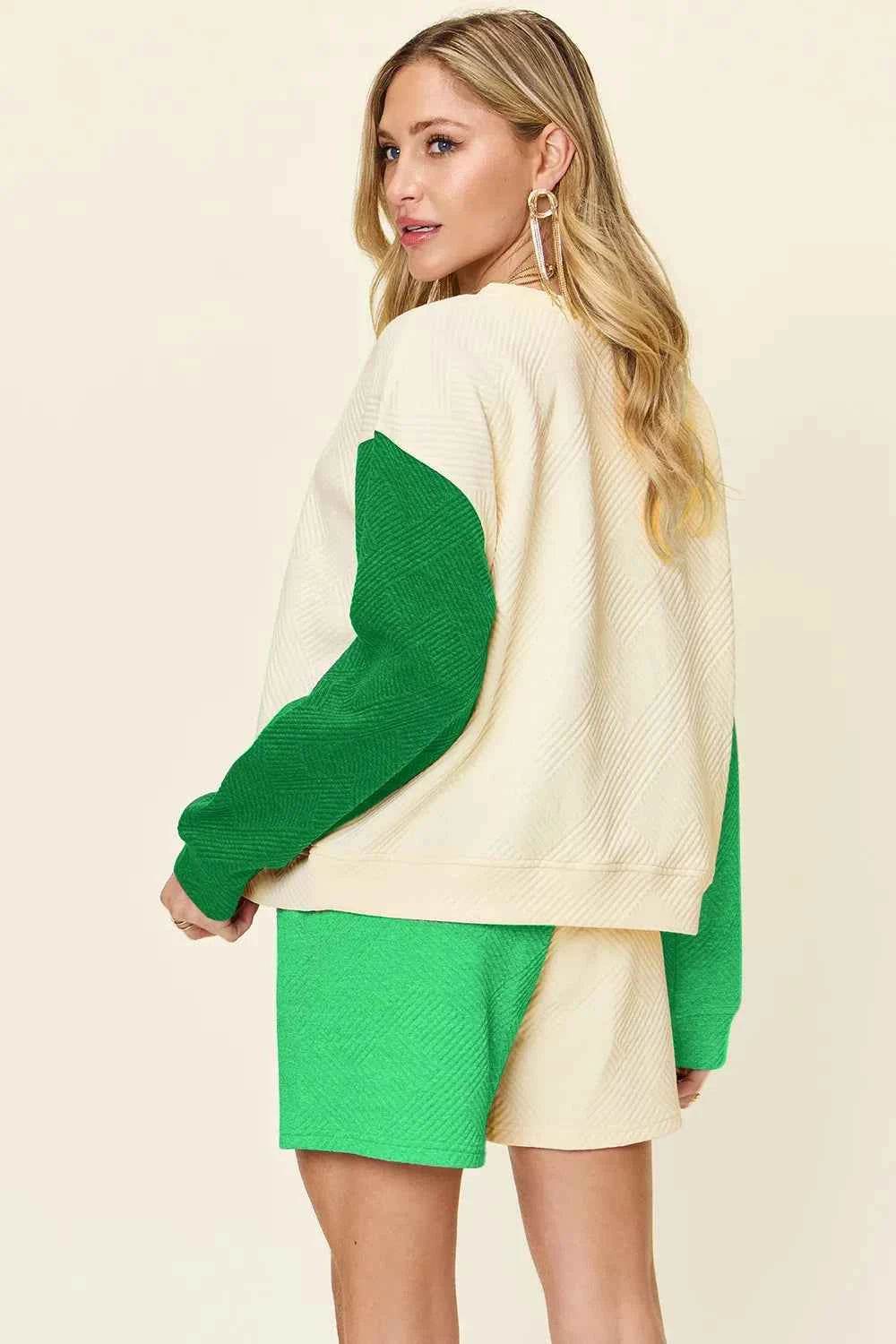 Double Take Contrast Drop Shoulder Set - Full Size Top & Shorts Combo - EBYNN