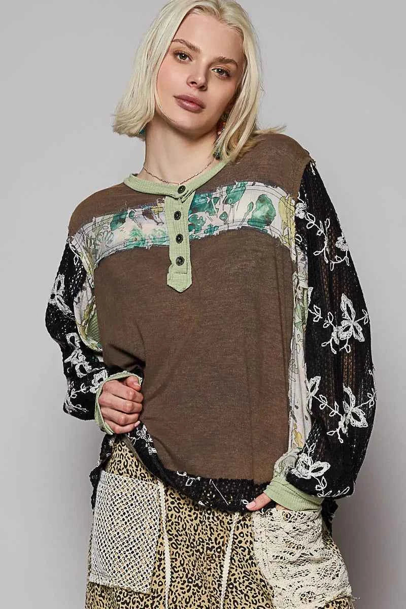 Floral Patchwork Crochet Sleeve Oversized Blouse.