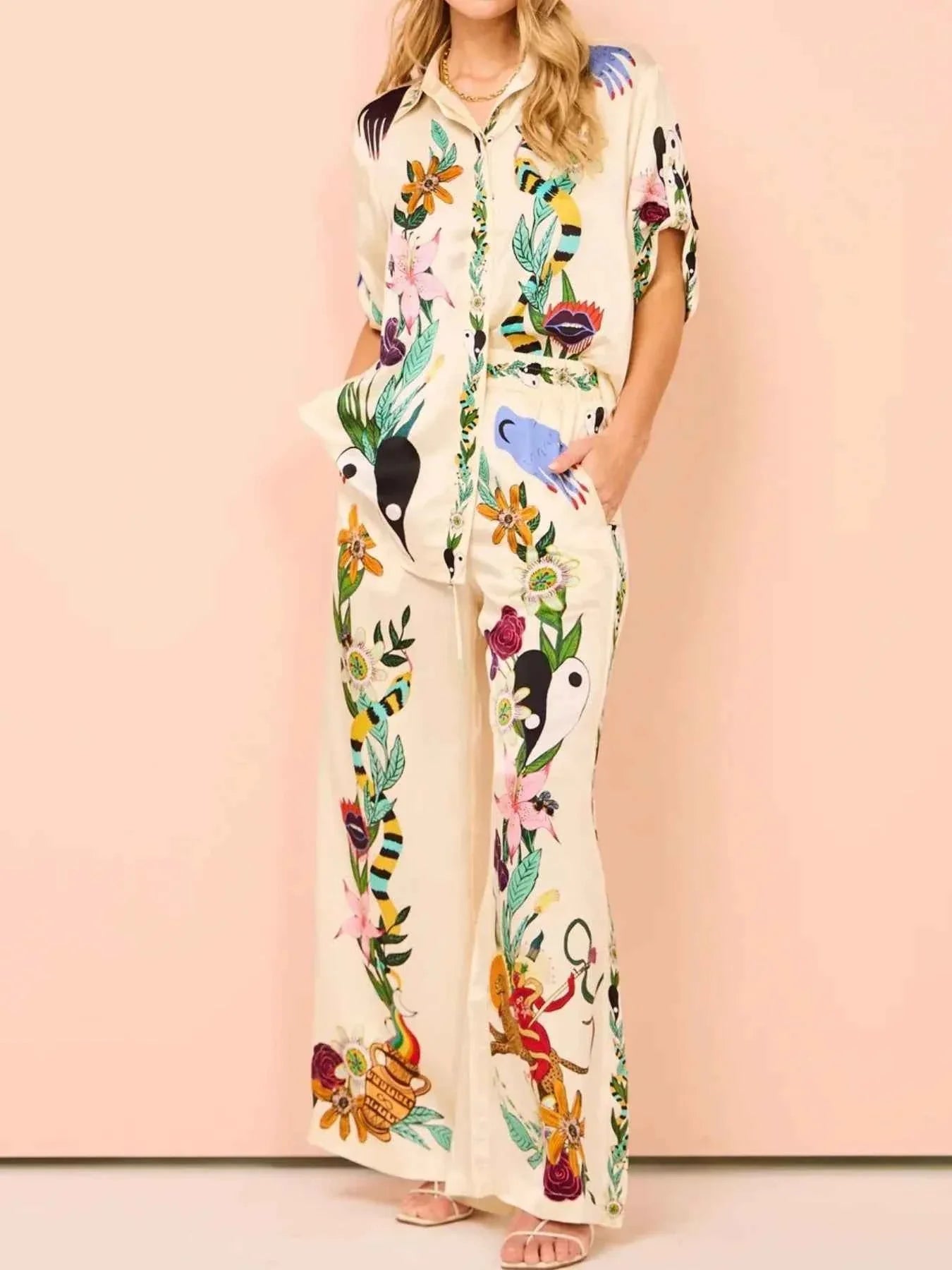 Printed Button-Up Shirt and Pants Set.