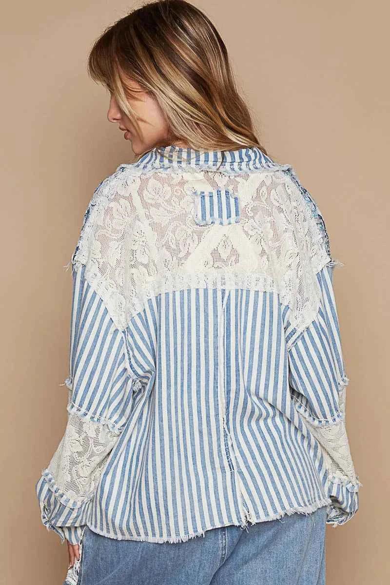 POL Printed Woven Mix Raw Hem Jacket with Lace Detail.