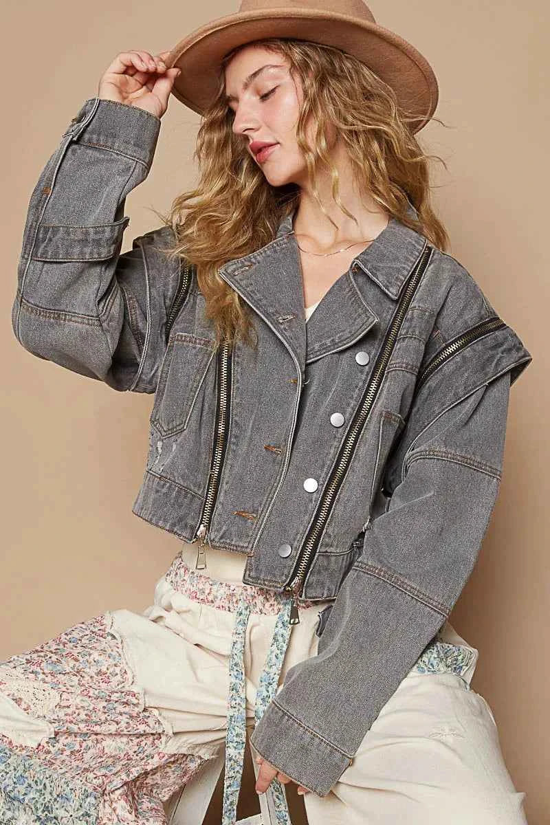 Cropped Denim Jacket with Functional Zipper Detail.