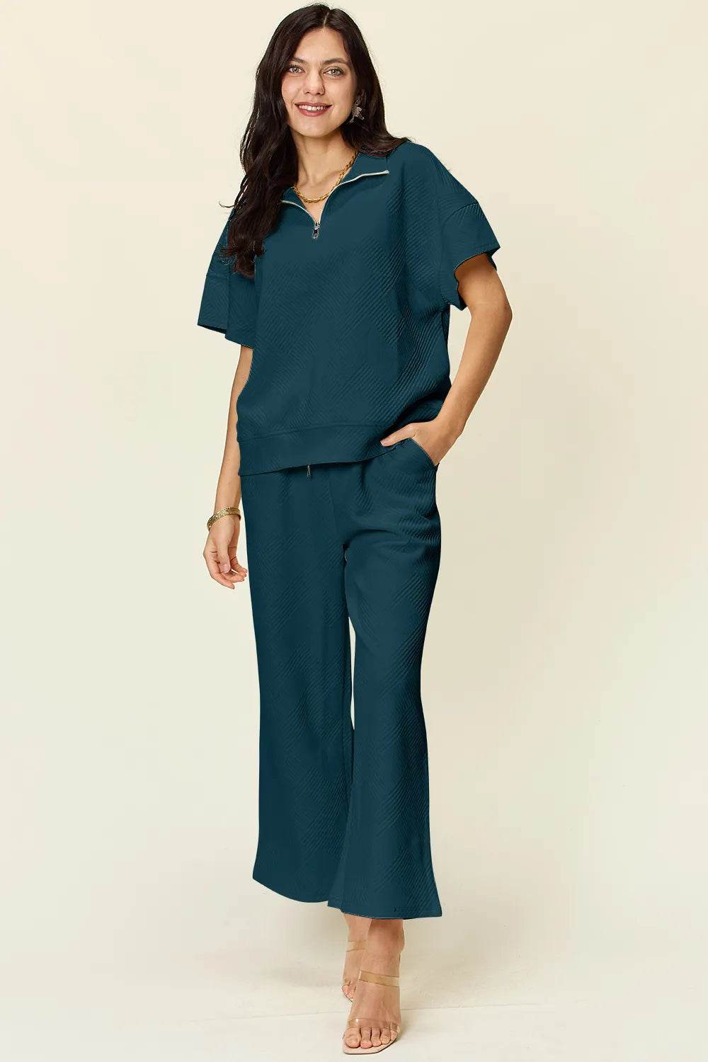 Double Take Texture Set: Full Size Half Zip Top & Pants Set - EBYNN