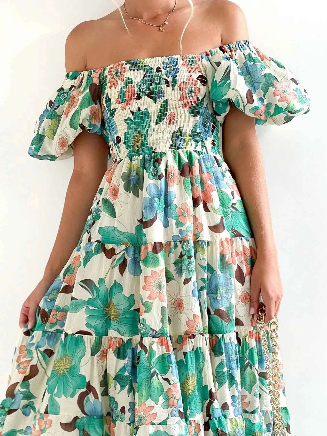 Floral Smocked Puff Sleeve Tiered Dress.