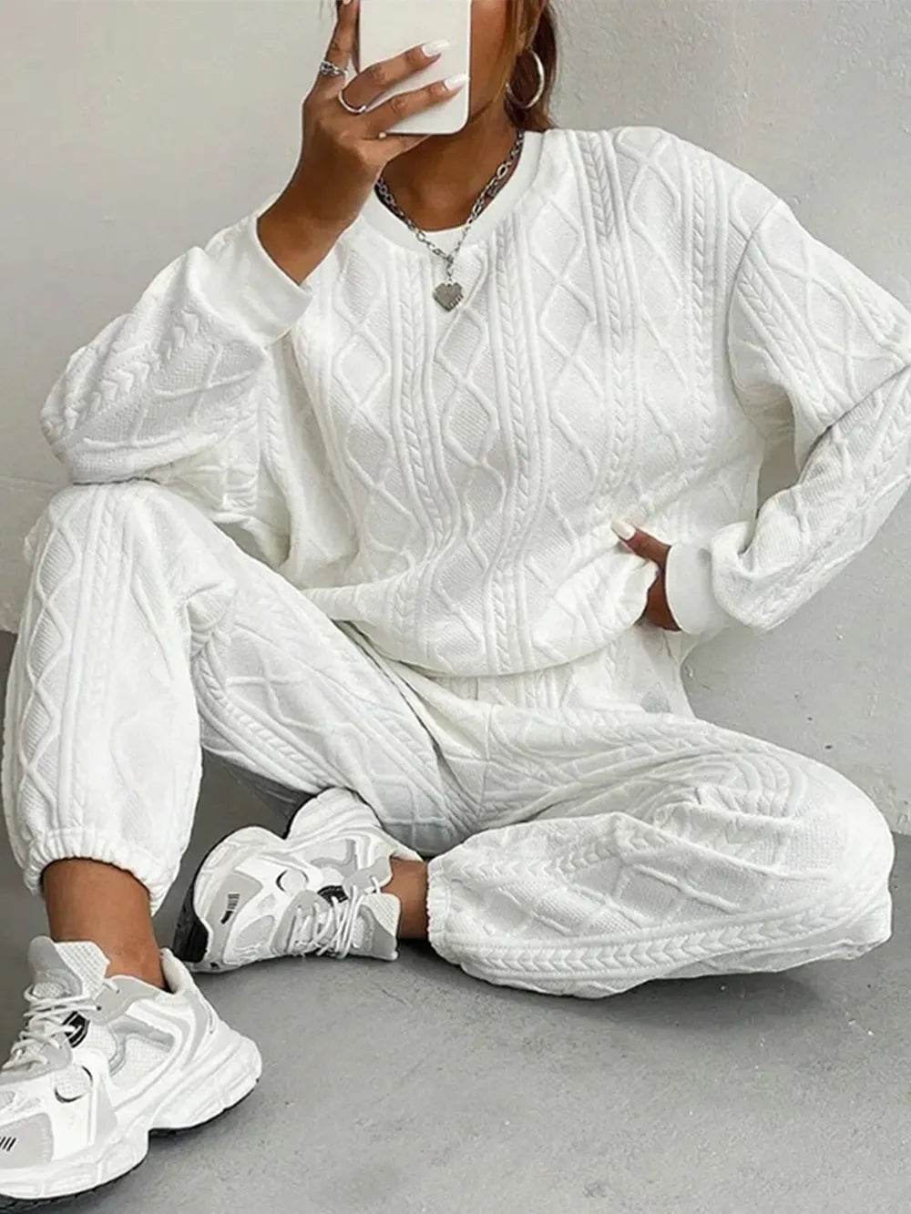 Texture Round Neck Top and Pants Set.