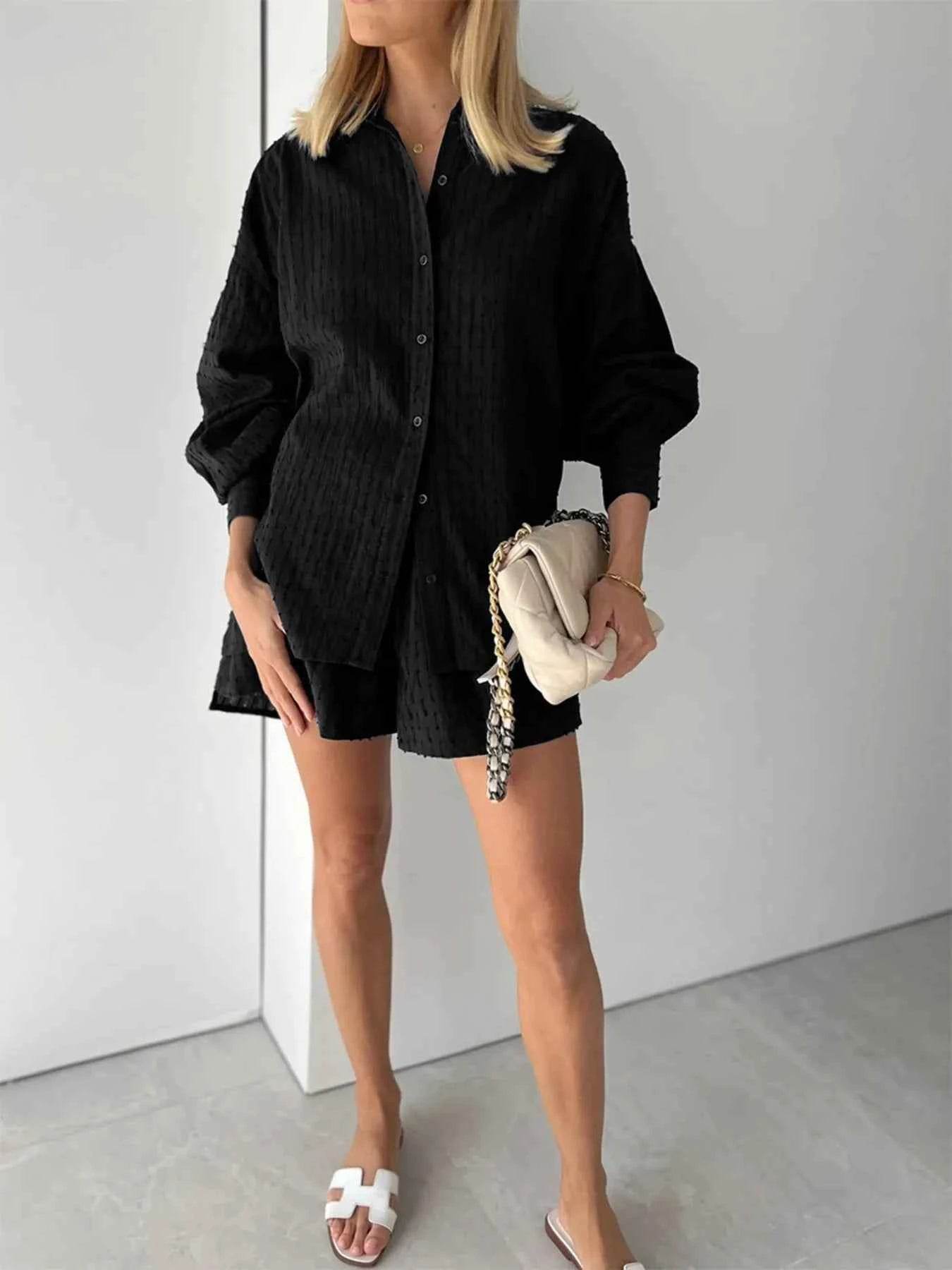 Textured Button-Up Shirt and Shorts Set - EBYNN