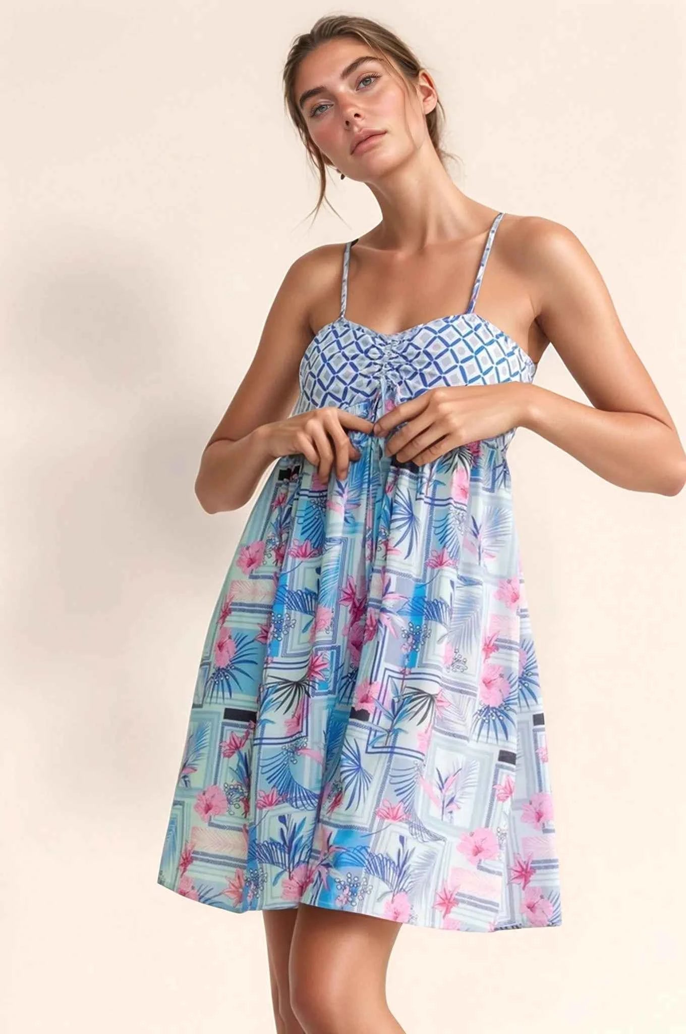 Davi & Dani Tropical Floral Geo Print Tie Back Tube Top Romper.