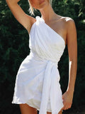 Ruched One-Shoulder Mini Dress.