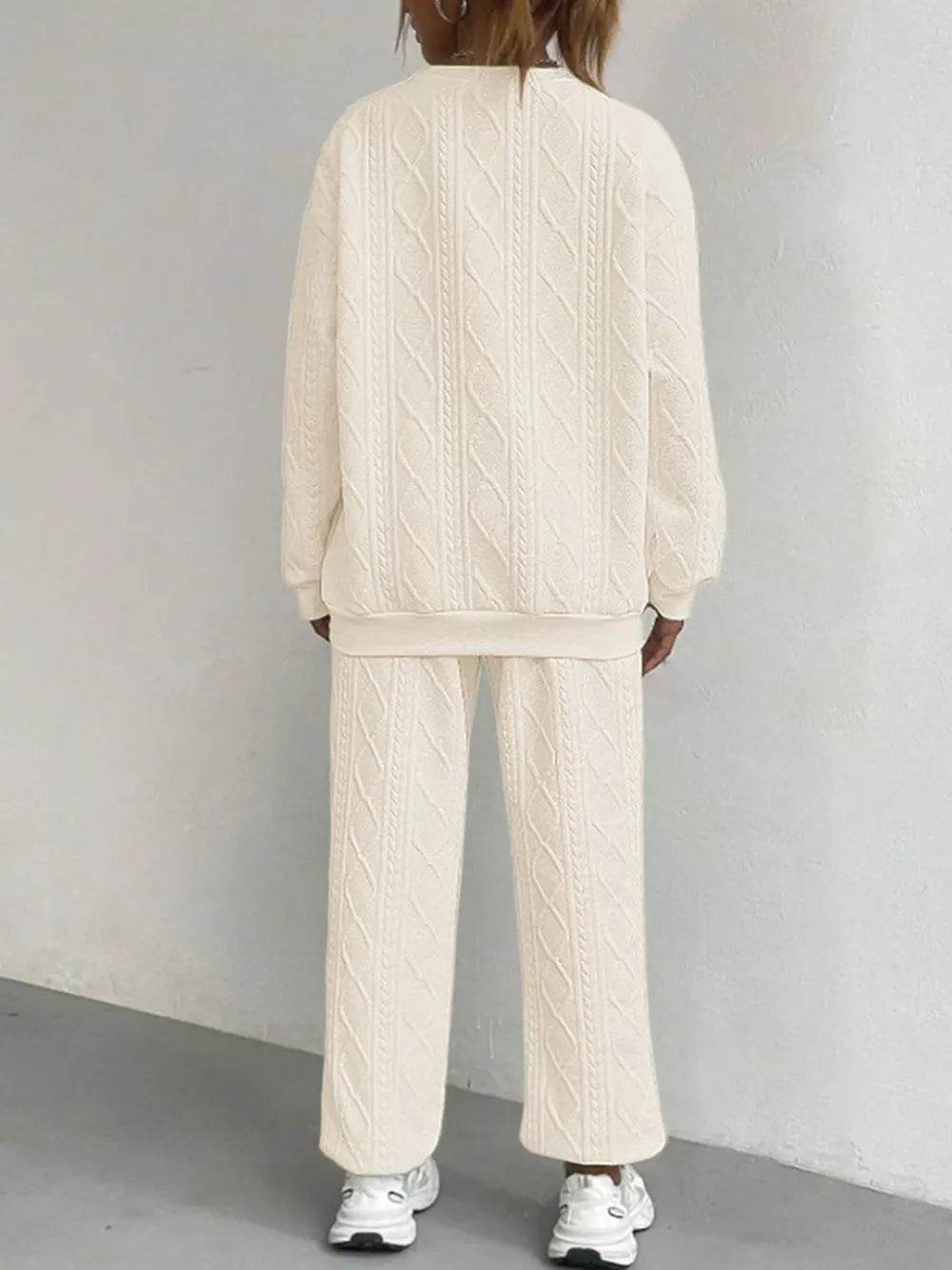 Texture Round Neck Top and Pants Set.