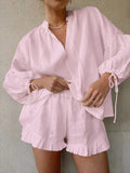 Tie Neck Balloon Sleeve Blouse and Shorts Set.