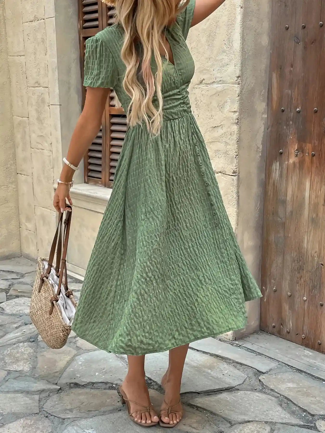 Textured V-Neck Short Sleeve Dress.