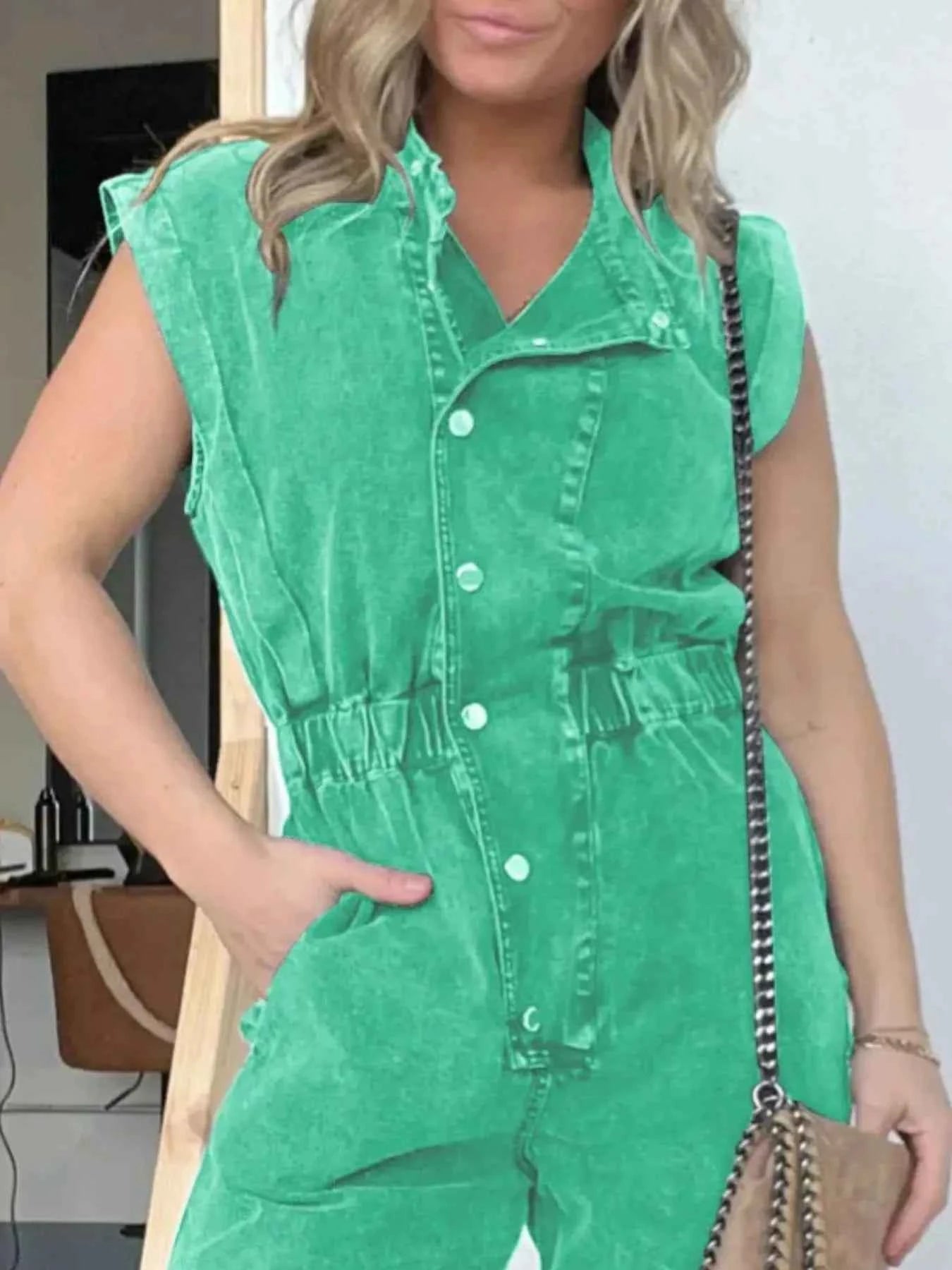 Plus Size Button Front Cap Sleeve Denim Jumpsuit.