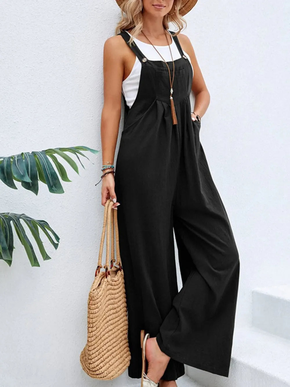Full Size Square Neck Wide Strap Overalls.