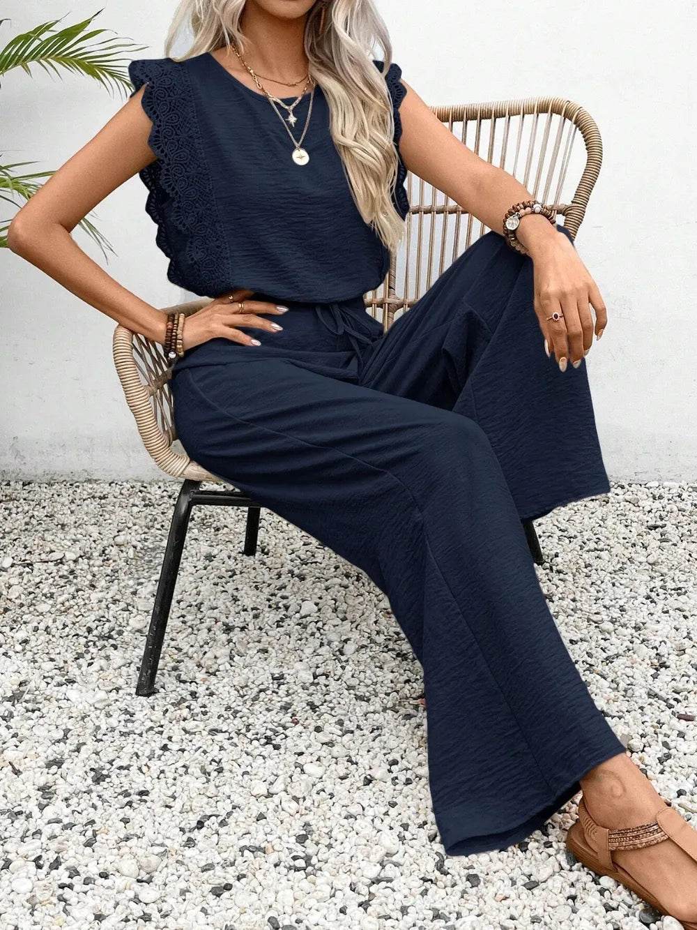 Lace Trim Round Neck Top and Pants Set - EBYNN