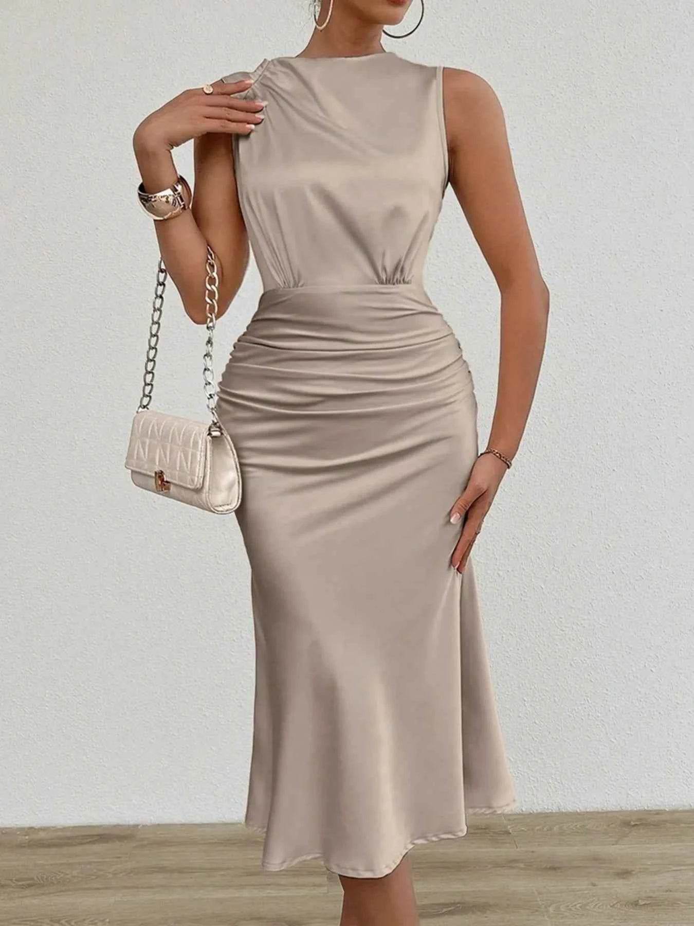 Ruched Round Neck Sleeveless Midi Dress.